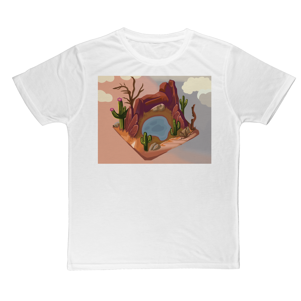 Desert Rocks Classic Sublimation Adult T-Shirt in vibrant colors, showcasing its soft polyester fabric and stylish design.