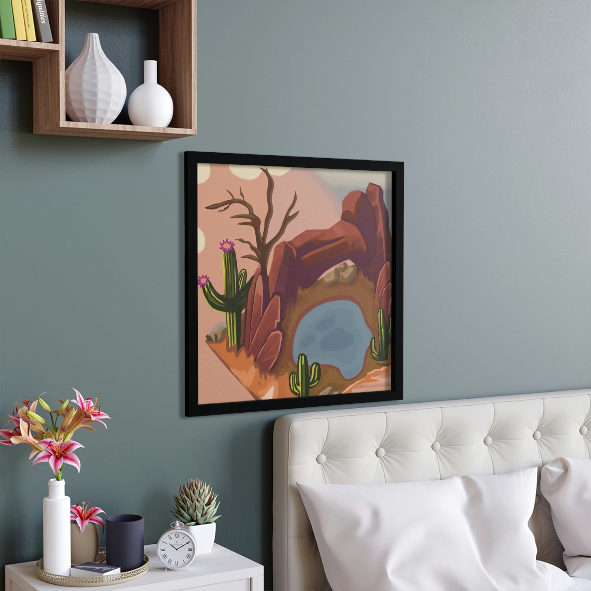 Desert Rocks Framed Poster showcasing vibrant desert rock imagery in a hand-crafted wooden frame.