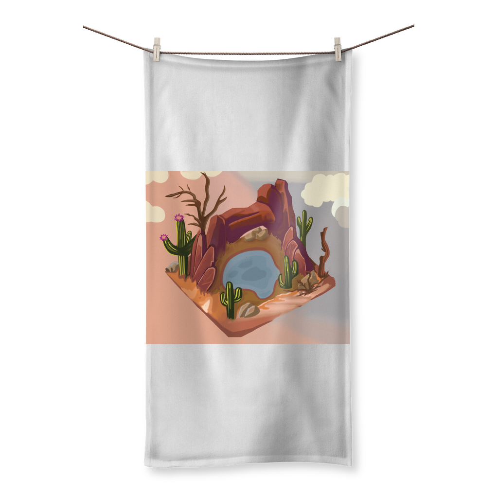 Desert Rocks Sublimation All Over Towel showcasing vibrant colors and soft cotton backing, perfect for beach or bath use.