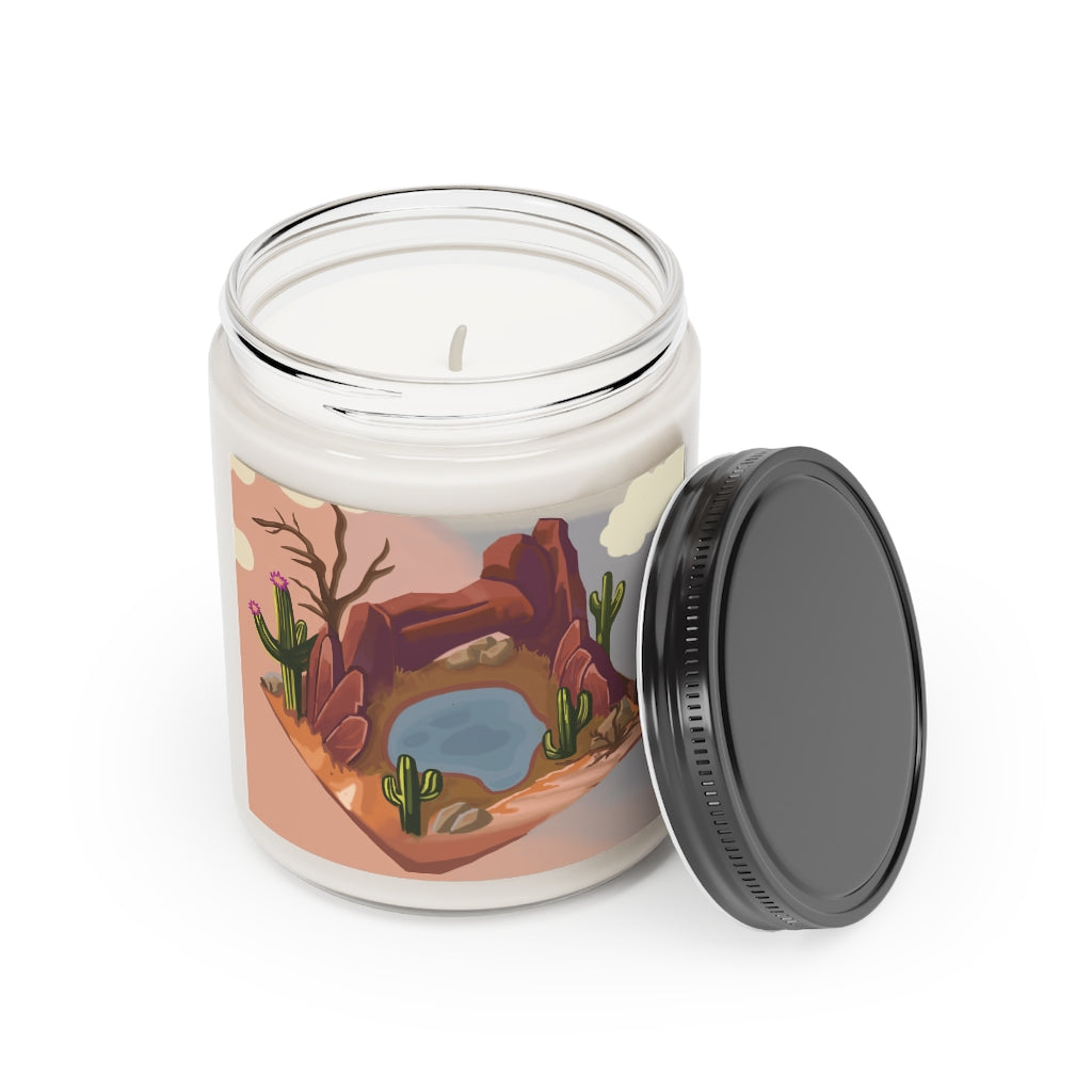 Desert Scented Candle in a glass container, featuring warm Cinnamon Stick and sweet Vanilla fragrances, hand-poured from vegan soy coconut wax.