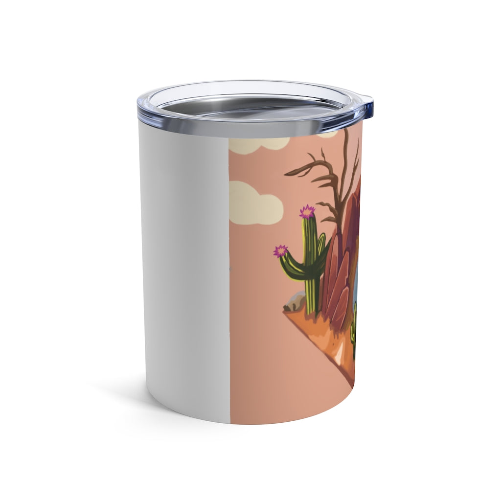 Desert Tumbler 10oz in stainless steel with a see-thru plastic lid, showcasing its sleek design and rounded corners.