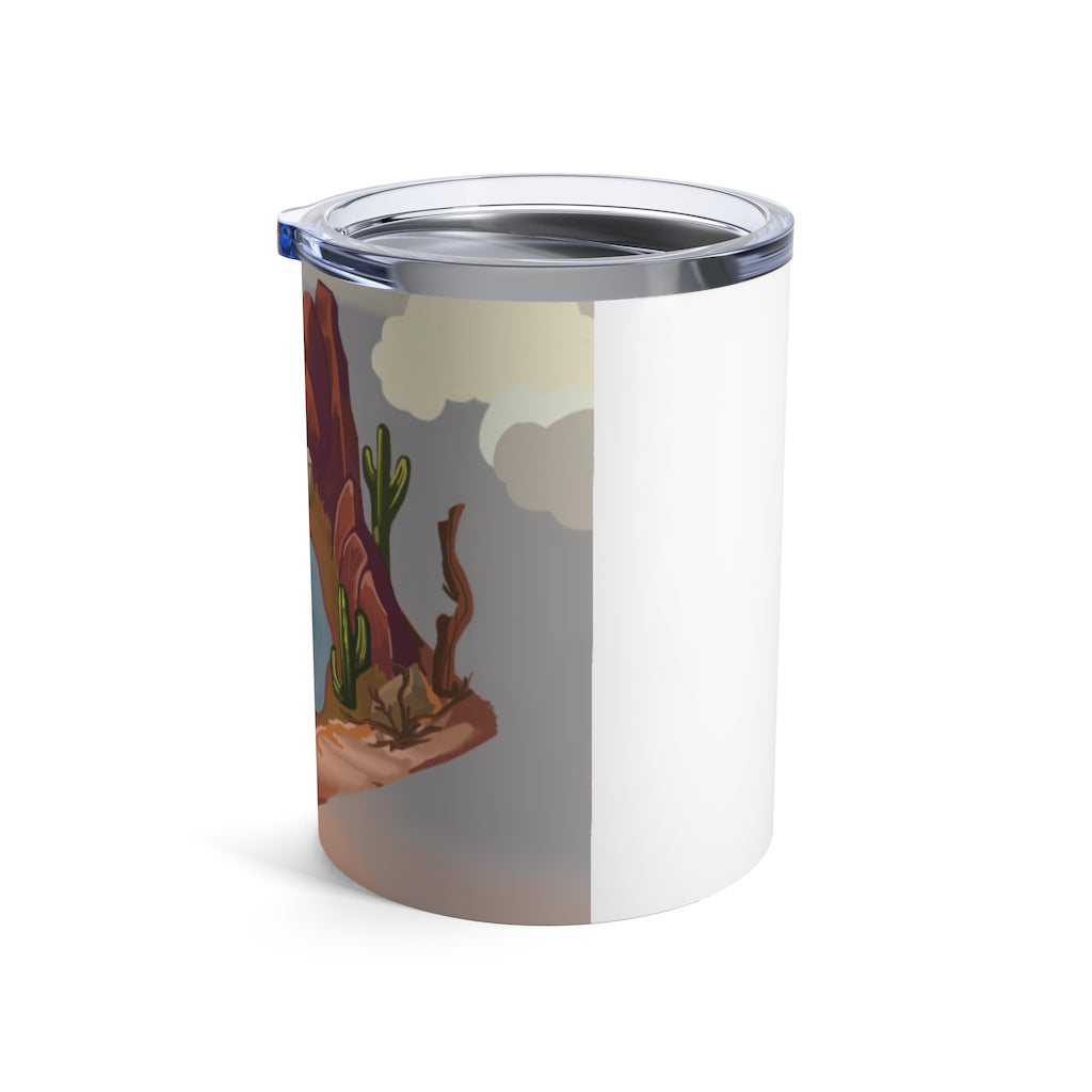 Desert Tumbler 10oz in stainless steel with a see-thru plastic lid, showcasing its sleek design and rounded corners.