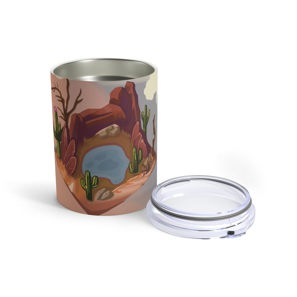 Desert Tumbler 10oz in stainless steel with a see-thru plastic lid, showcasing its sleek design and rounded corners.