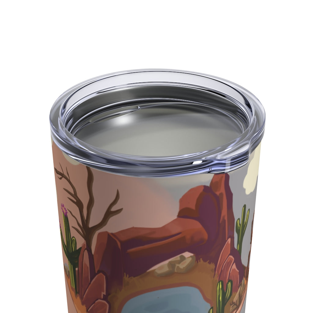 Desert Tumbler 10oz in stainless steel with a see-thru plastic lid, showcasing its sleek design and rounded corners.