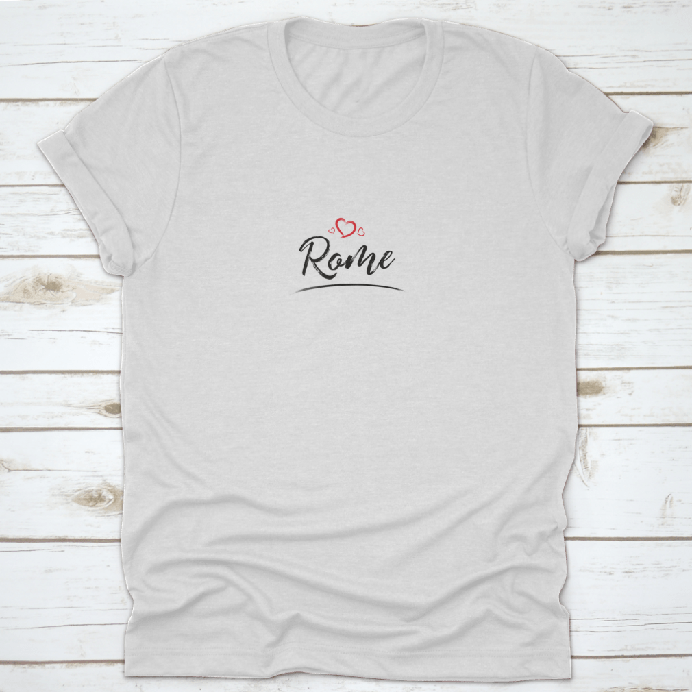 A stylish t-shirt featuring the name 'Rome' with a red heart design, made from high-quality cotton for comfort and durability.