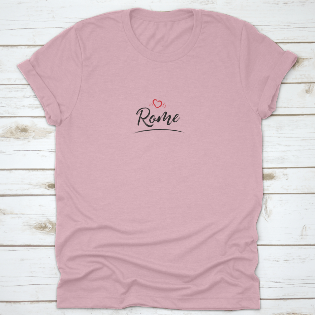 A stylish t-shirt featuring the name 'Rome' with a red heart design, made from high-quality cotton for comfort and durability.