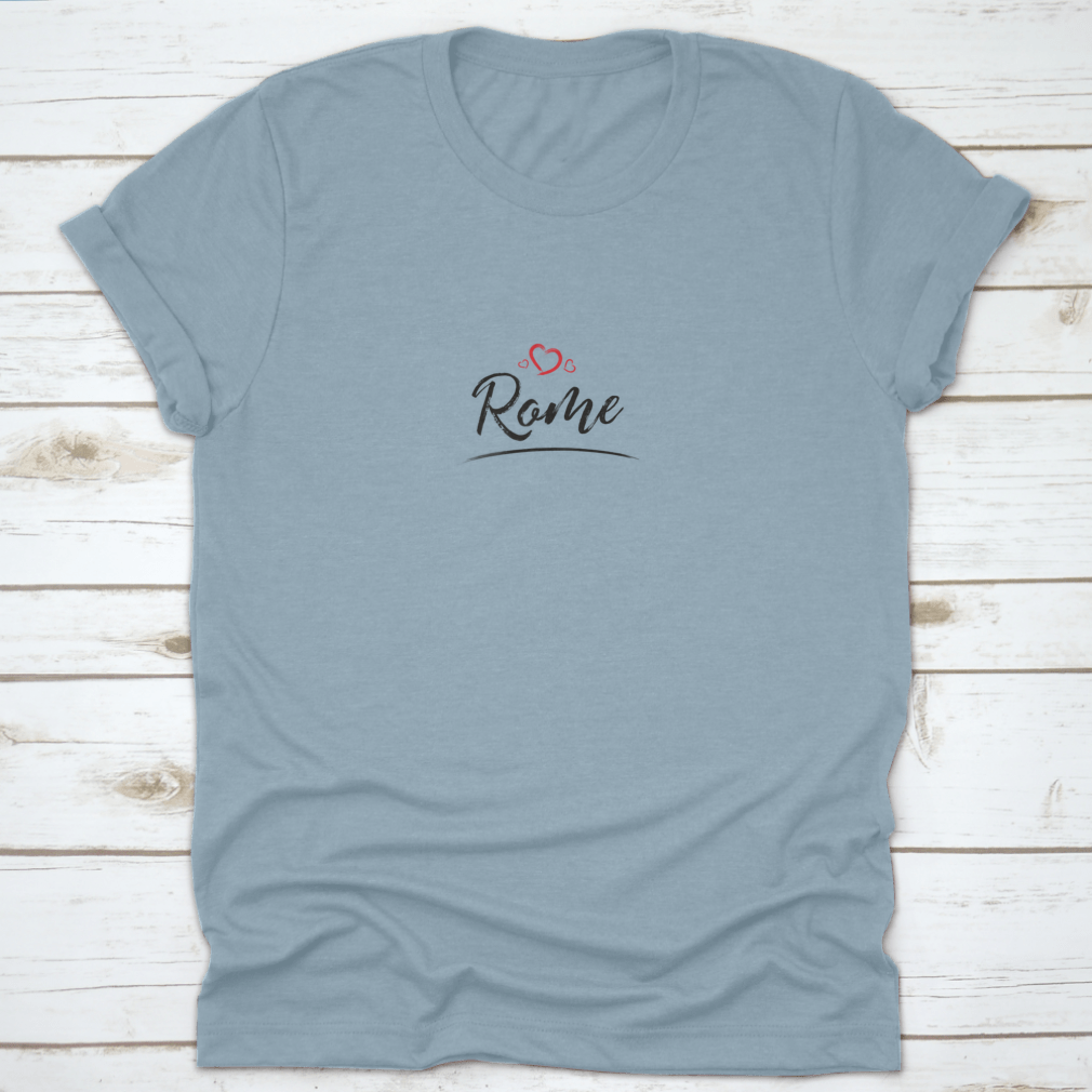 A stylish t-shirt featuring the name 'Rome' with a red heart design, made from high-quality cotton for comfort and durability.