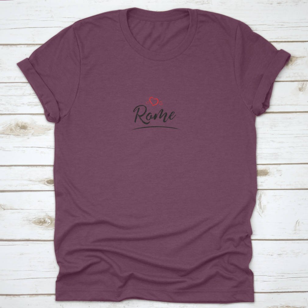 A stylish t-shirt featuring the name 'Rome' with a red heart design, made from high-quality cotton for comfort and durability.