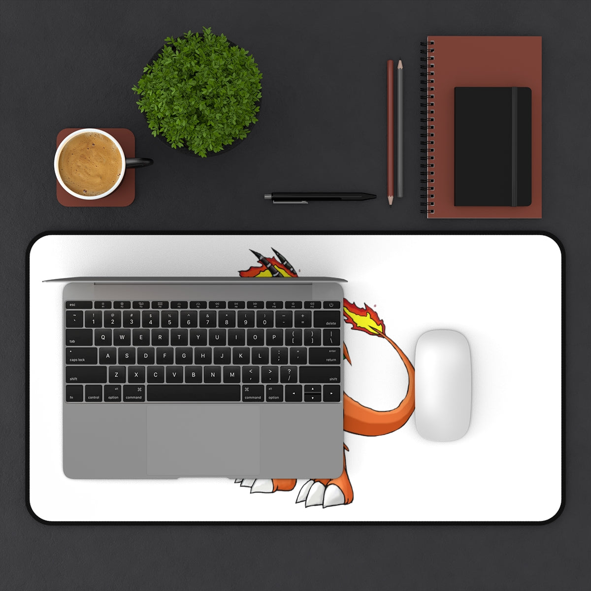 Customizable desk mat made of durable neoprene with anti-slip backing, available in multiple sizes.