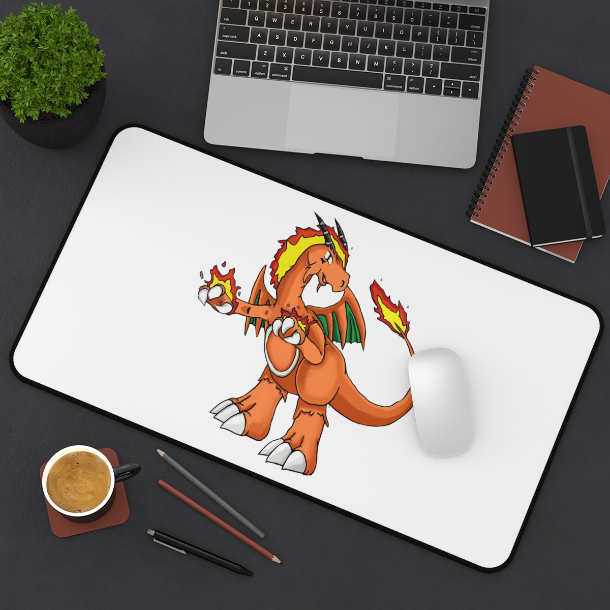 Customizable desk mat made of durable neoprene with anti-slip backing, available in multiple sizes.