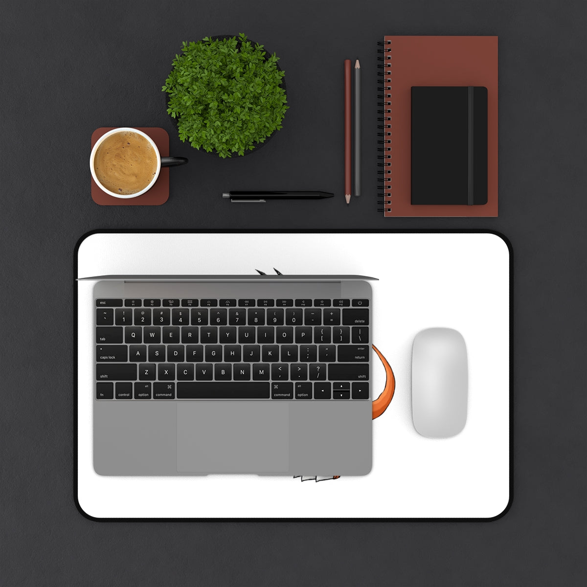 Customizable desk mat made of durable neoprene with anti-slip backing, available in multiple sizes.