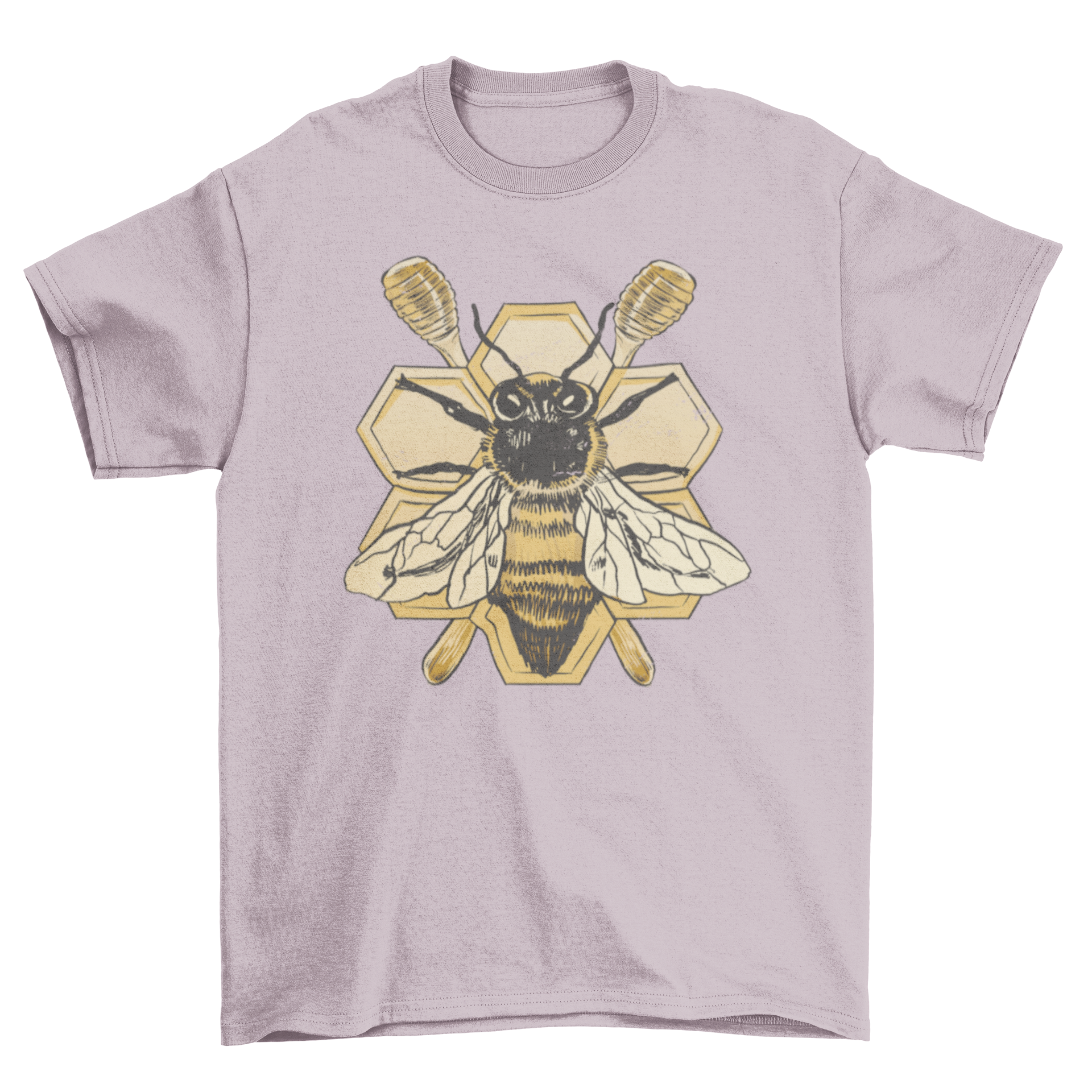 A detailed t-shirt featuring a vibrant bee design against a honeycomb background, showcasing nature's beauty.