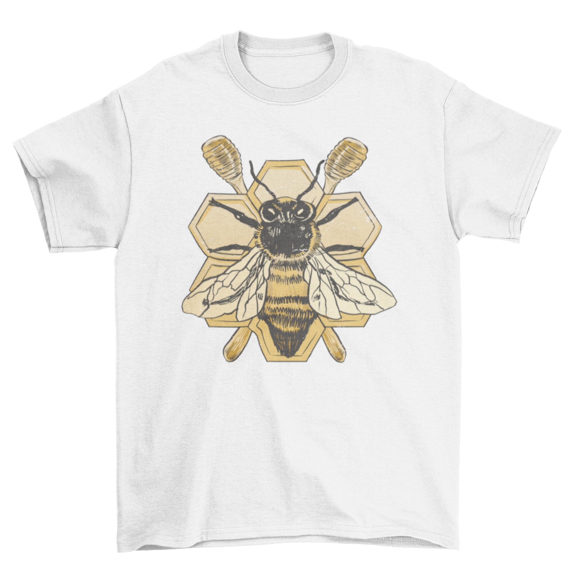 A detailed t-shirt featuring a vibrant bee design against a honeycomb background, showcasing nature's beauty.