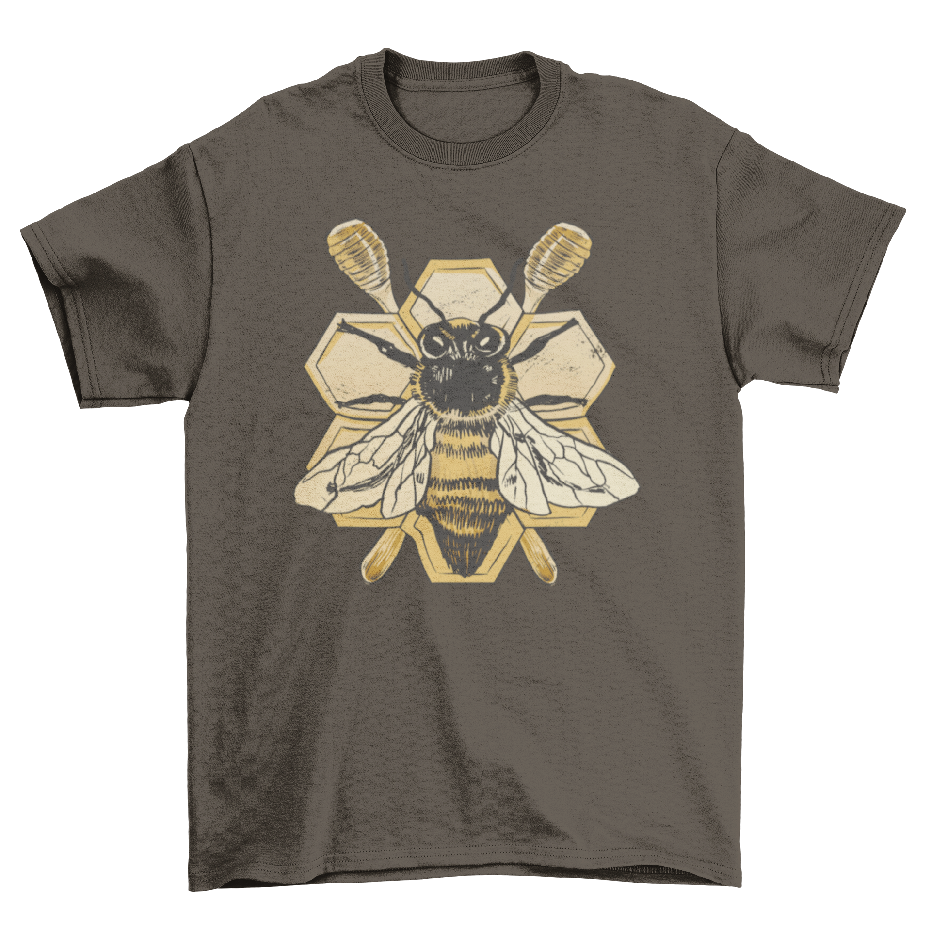 A detailed t-shirt featuring a vibrant bee design against a honeycomb background, showcasing nature's beauty.