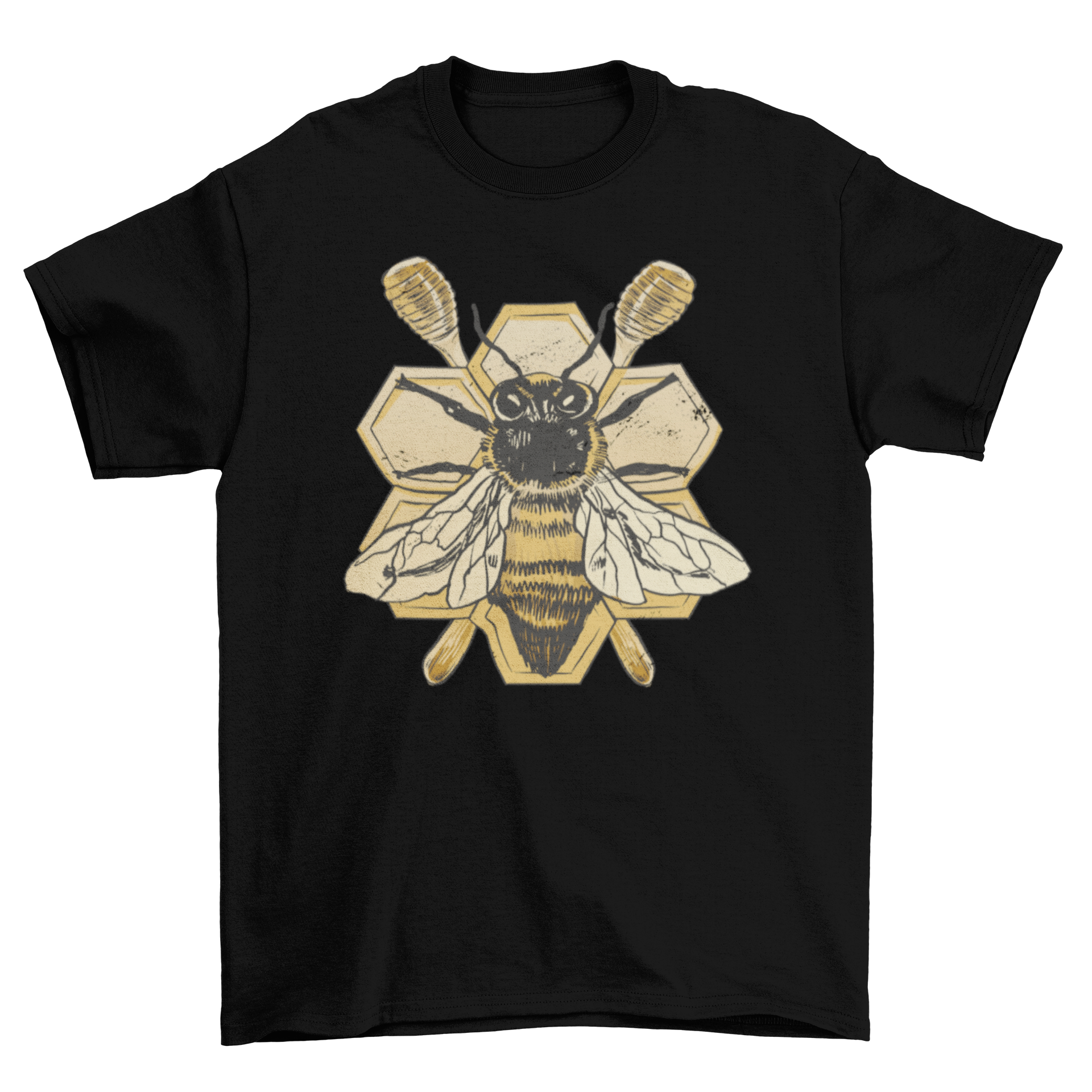 A detailed t-shirt featuring a vibrant bee design against a honeycomb background, showcasing nature's beauty.