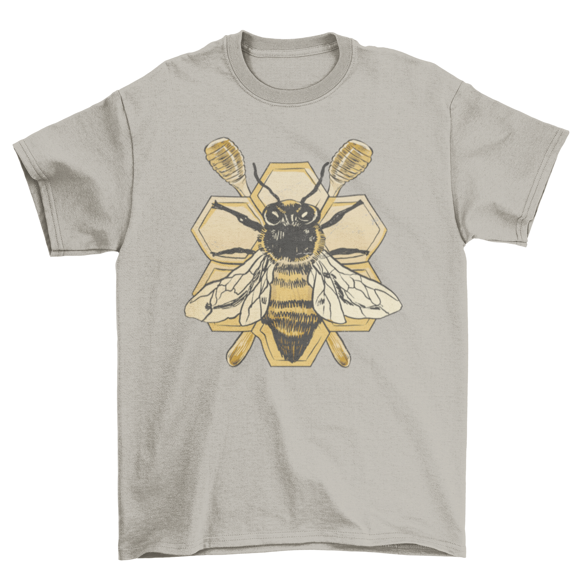 A detailed t-shirt featuring a vibrant bee design against a honeycomb background, showcasing nature's beauty.