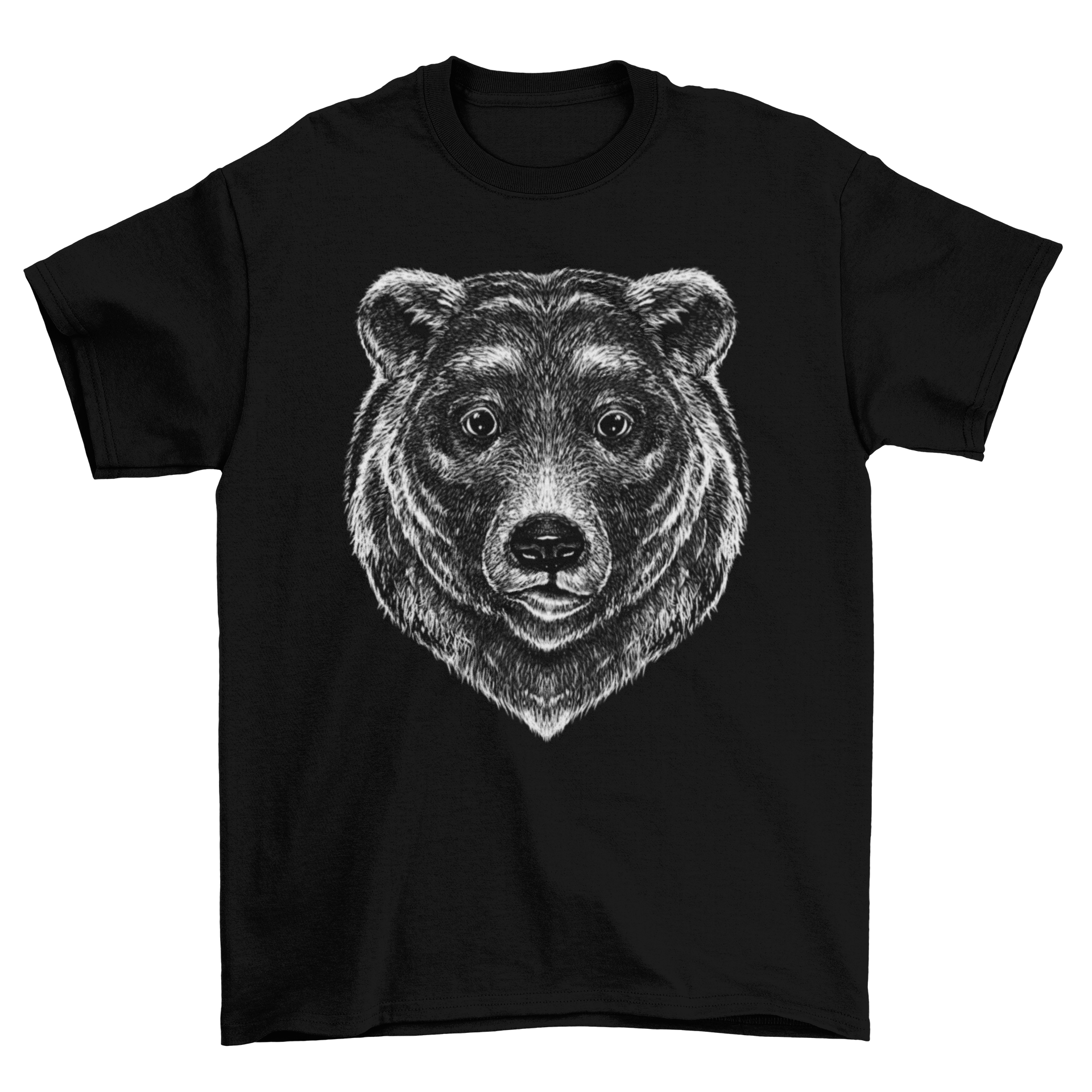 A detailed grizzly bear face printed on a soft t-shirt, showcasing realistic features and intricate design.