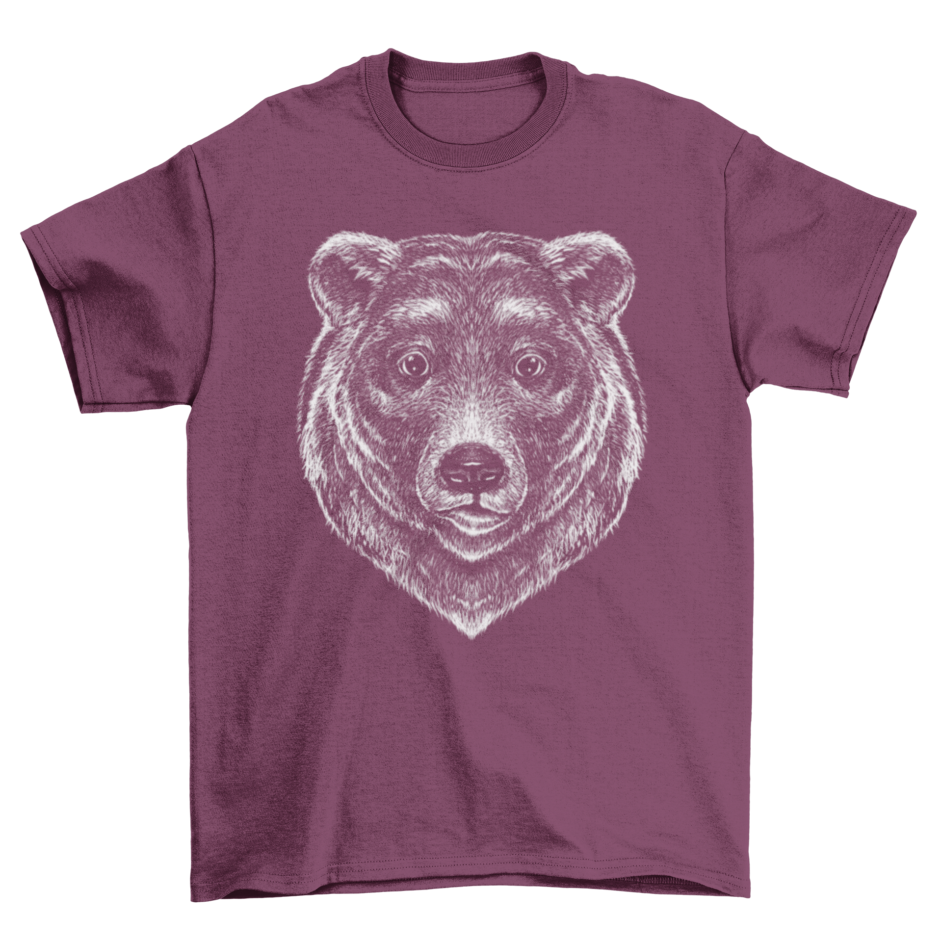 A detailed grizzly bear face printed on a soft t-shirt, showcasing realistic features and intricate design.