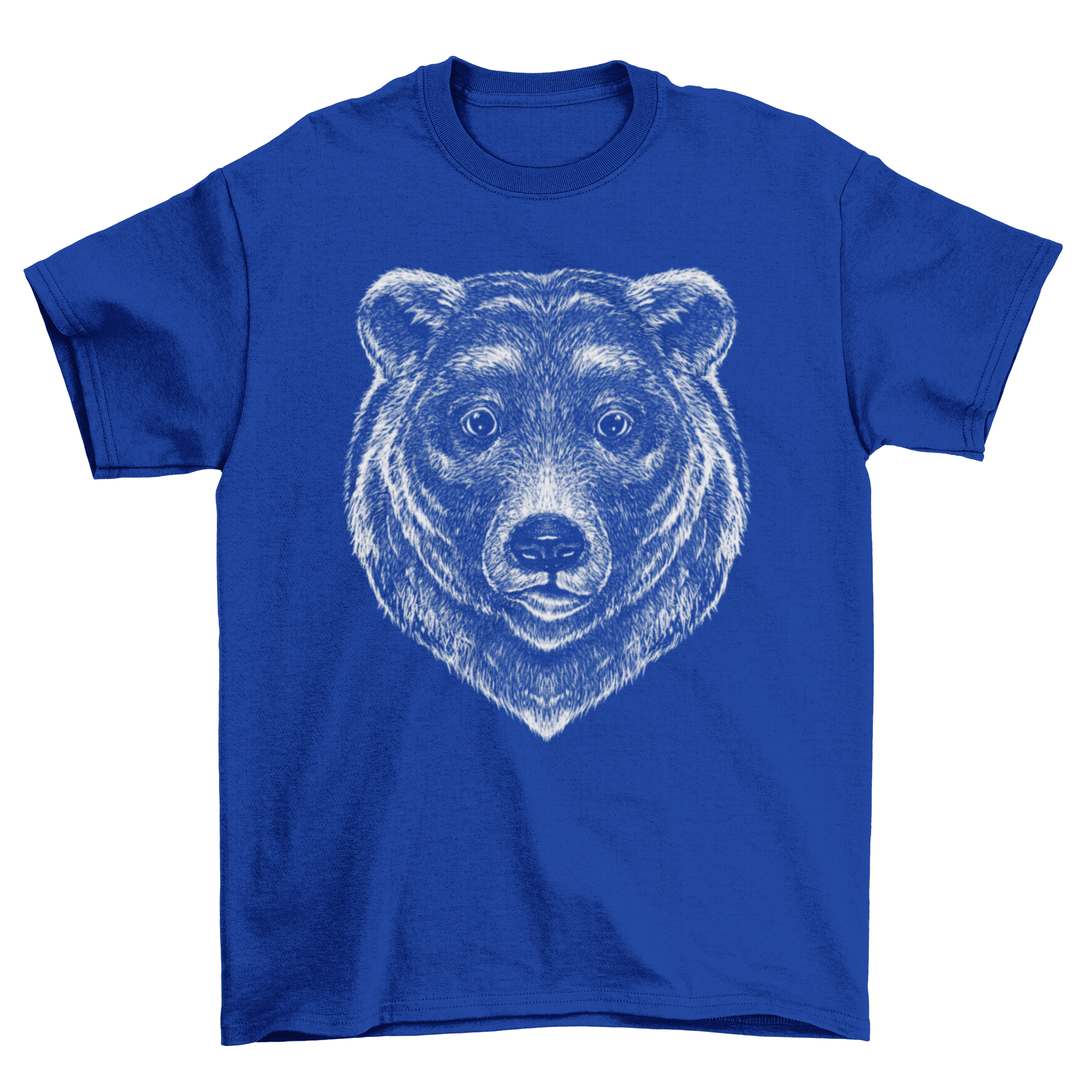 A detailed grizzly bear face printed on a soft t-shirt, showcasing realistic features and intricate design.