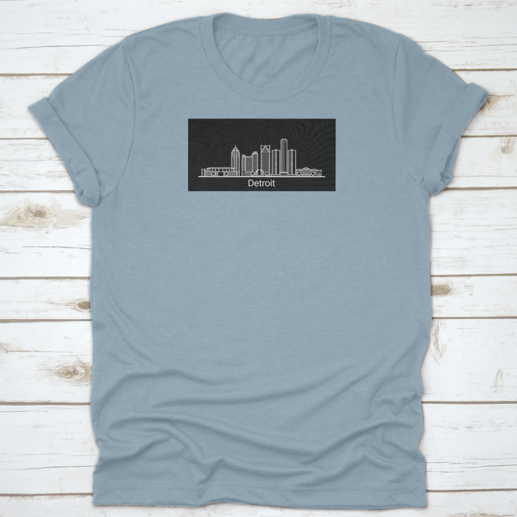 Detroit City White Line T-shirt featuring colorful background and iconic buildings of Detroit.