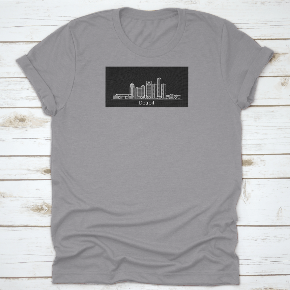 Detroit City White Line T-shirt featuring colorful background and iconic buildings of Detroit.