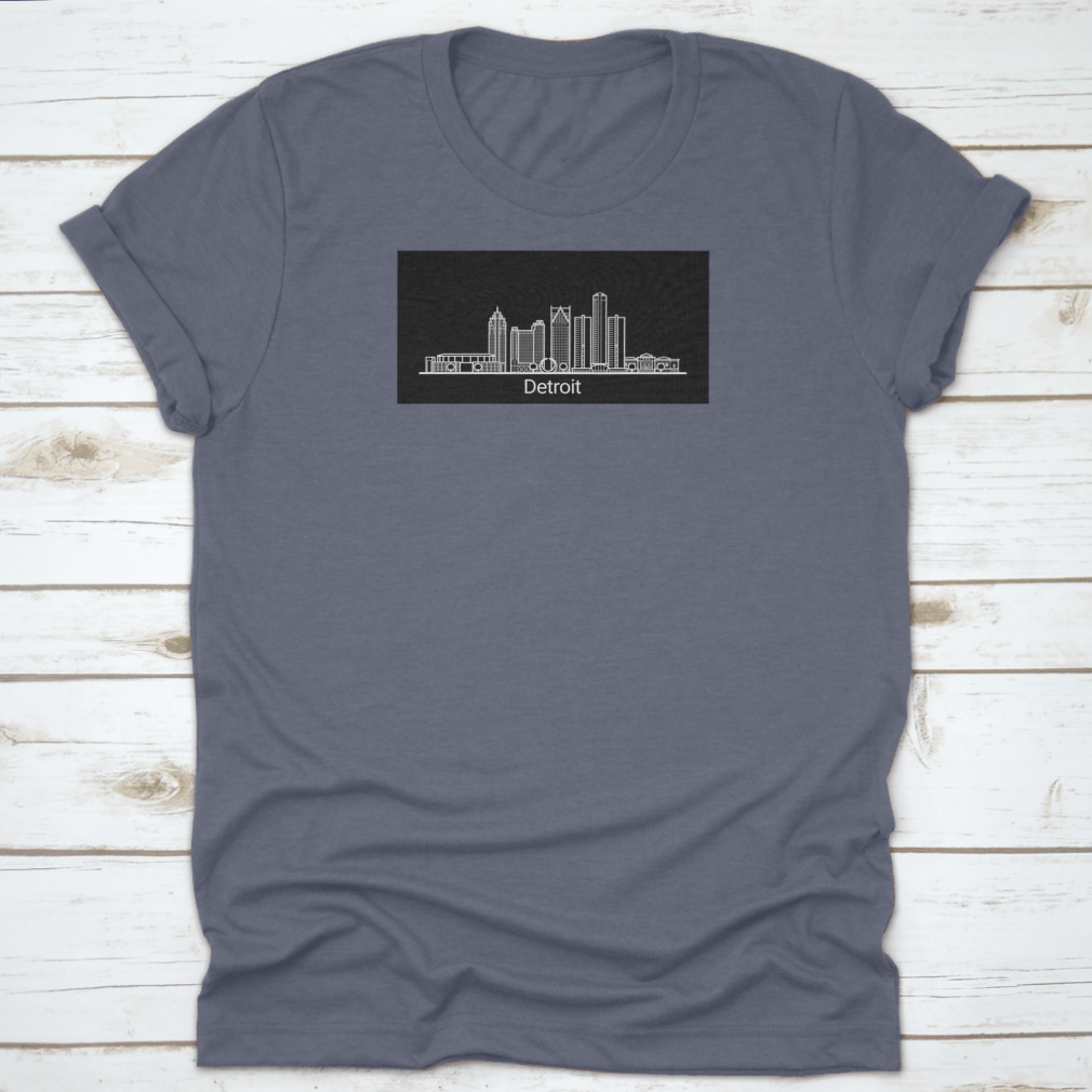 Detroit City White Line T-shirt featuring colorful background and iconic buildings of Detroit.