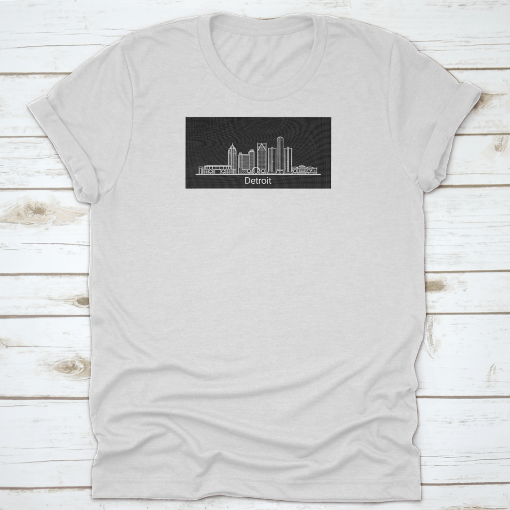 Detroit City White Line T-shirt featuring colorful background and iconic buildings of Detroit.