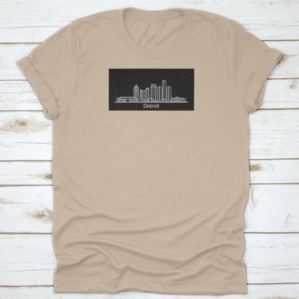 Detroit City White Line T-shirt featuring colorful background and iconic buildings of Detroit.