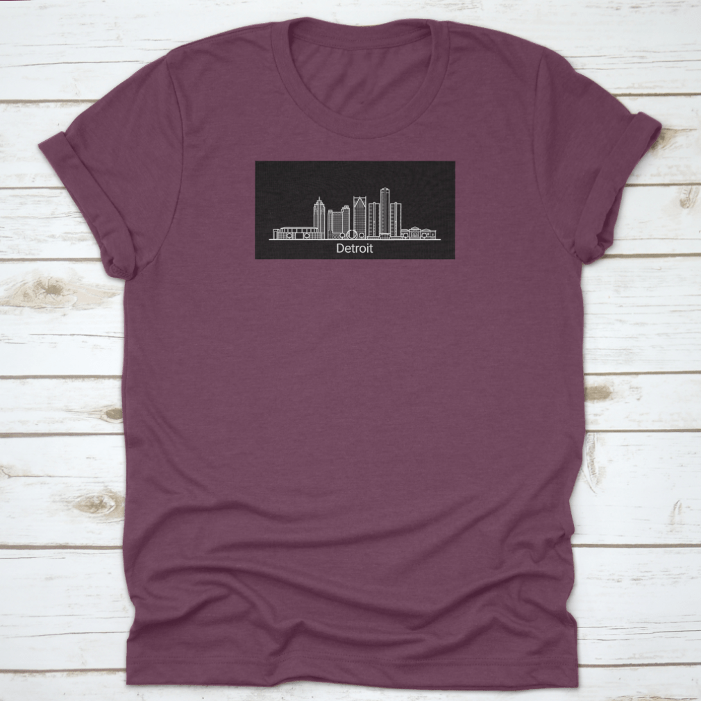 Detroit City White Line T-shirt featuring colorful background and iconic buildings of Detroit.