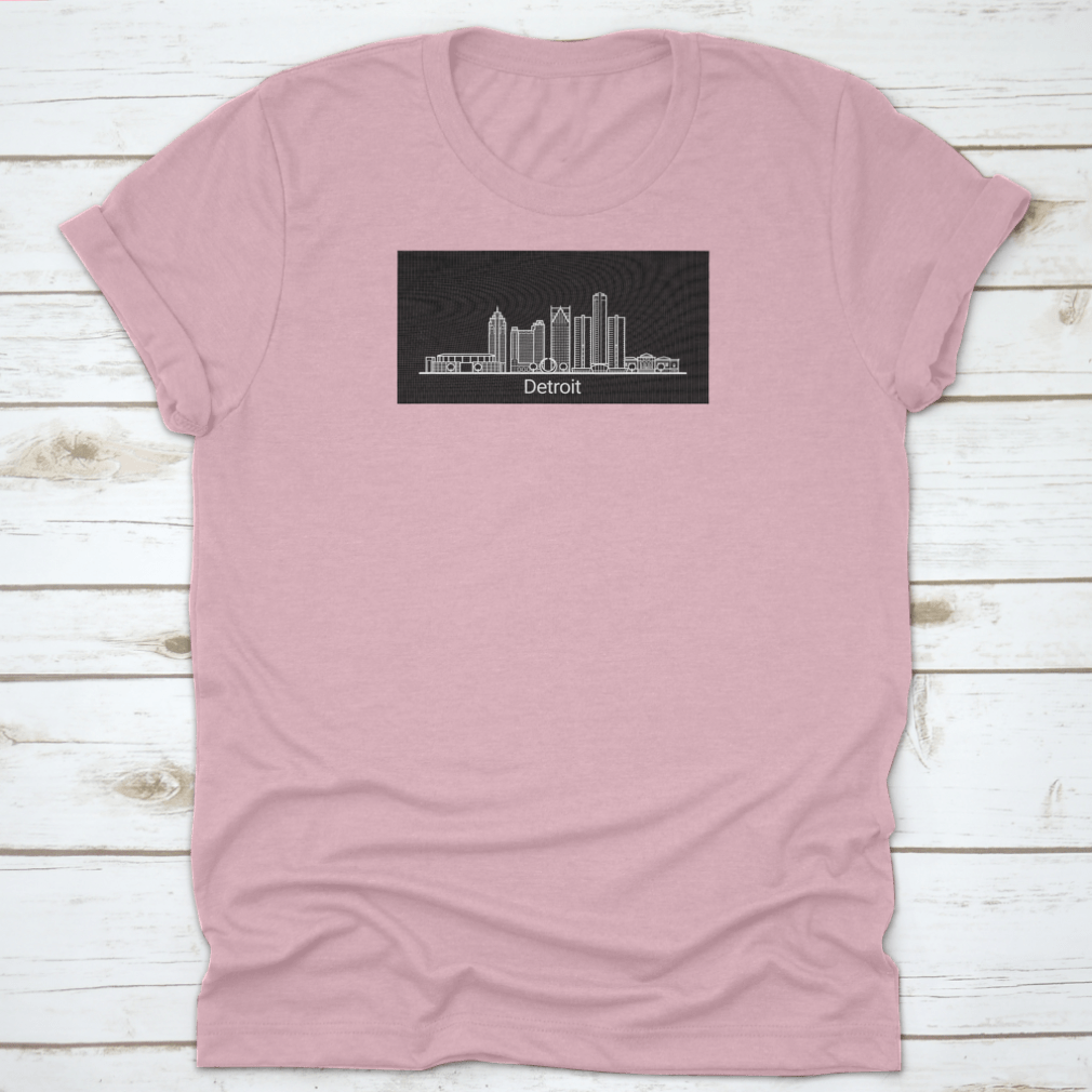 Detroit City White Line T-shirt featuring colorful background and iconic buildings of Detroit.