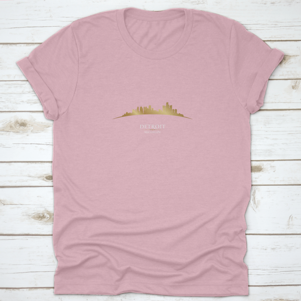 A stylish Detroit Michigan City Skyline Silhouette T-shirt design featuring a classic fit and made from high-quality cotton.