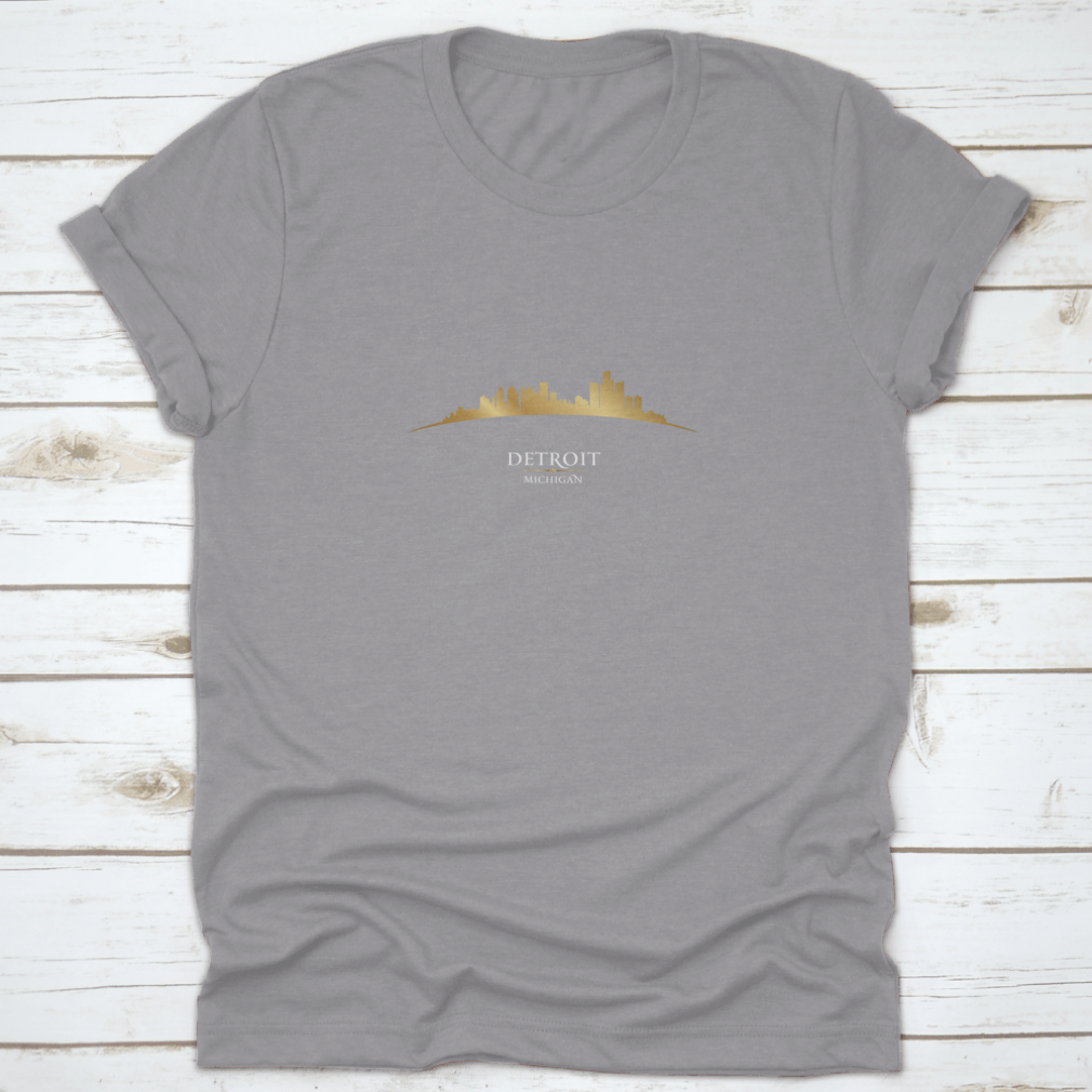 A stylish Detroit Michigan City Skyline Silhouette T-shirt design featuring a classic fit and made from high-quality cotton.