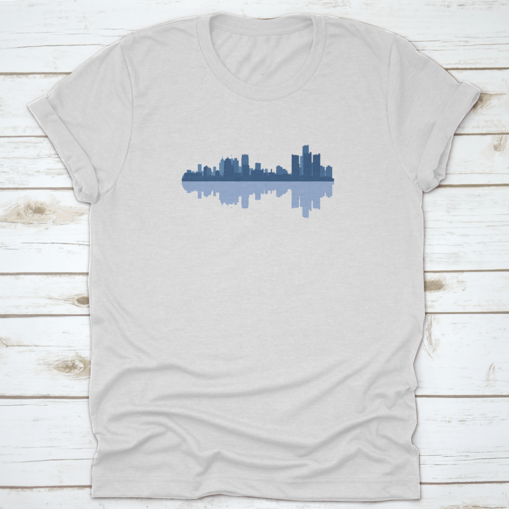 Detroit skyline reflection t-shirt design featuring a classic fit and high-quality cotton fabric.