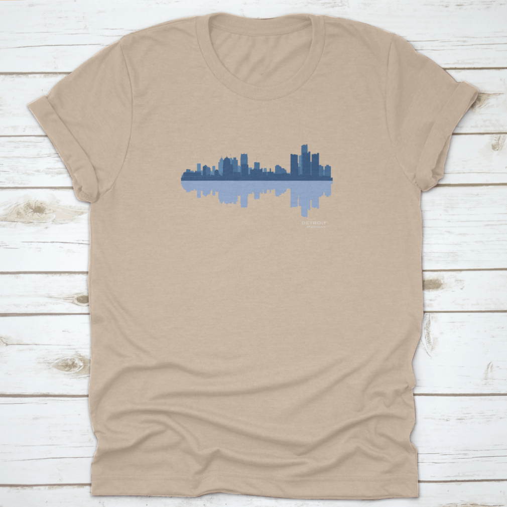 Detroit skyline reflection t-shirt design featuring a classic fit and high-quality cotton fabric.