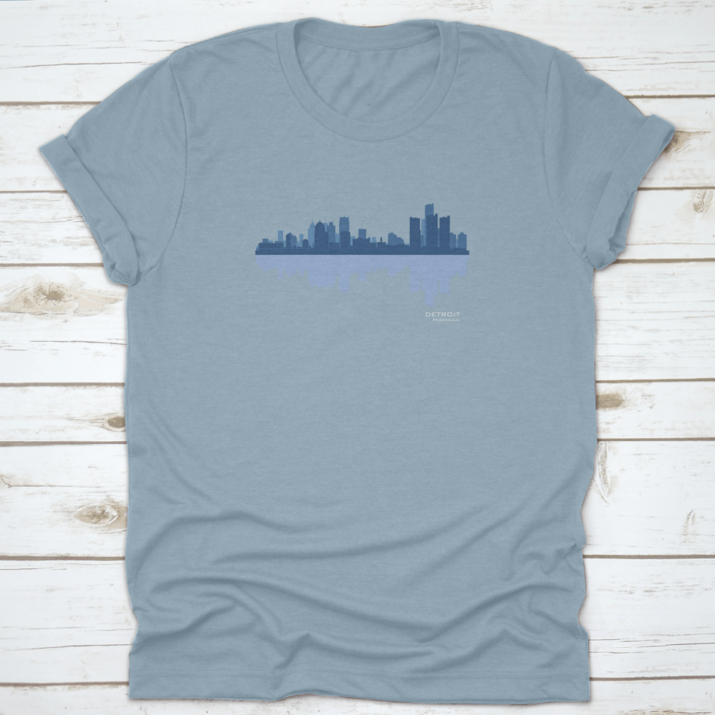 Detroit skyline reflection t-shirt design featuring a classic fit and high-quality cotton fabric.