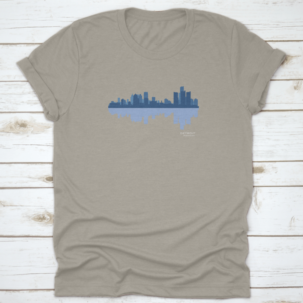 Detroit skyline reflection t-shirt design featuring a classic fit and high-quality cotton fabric.