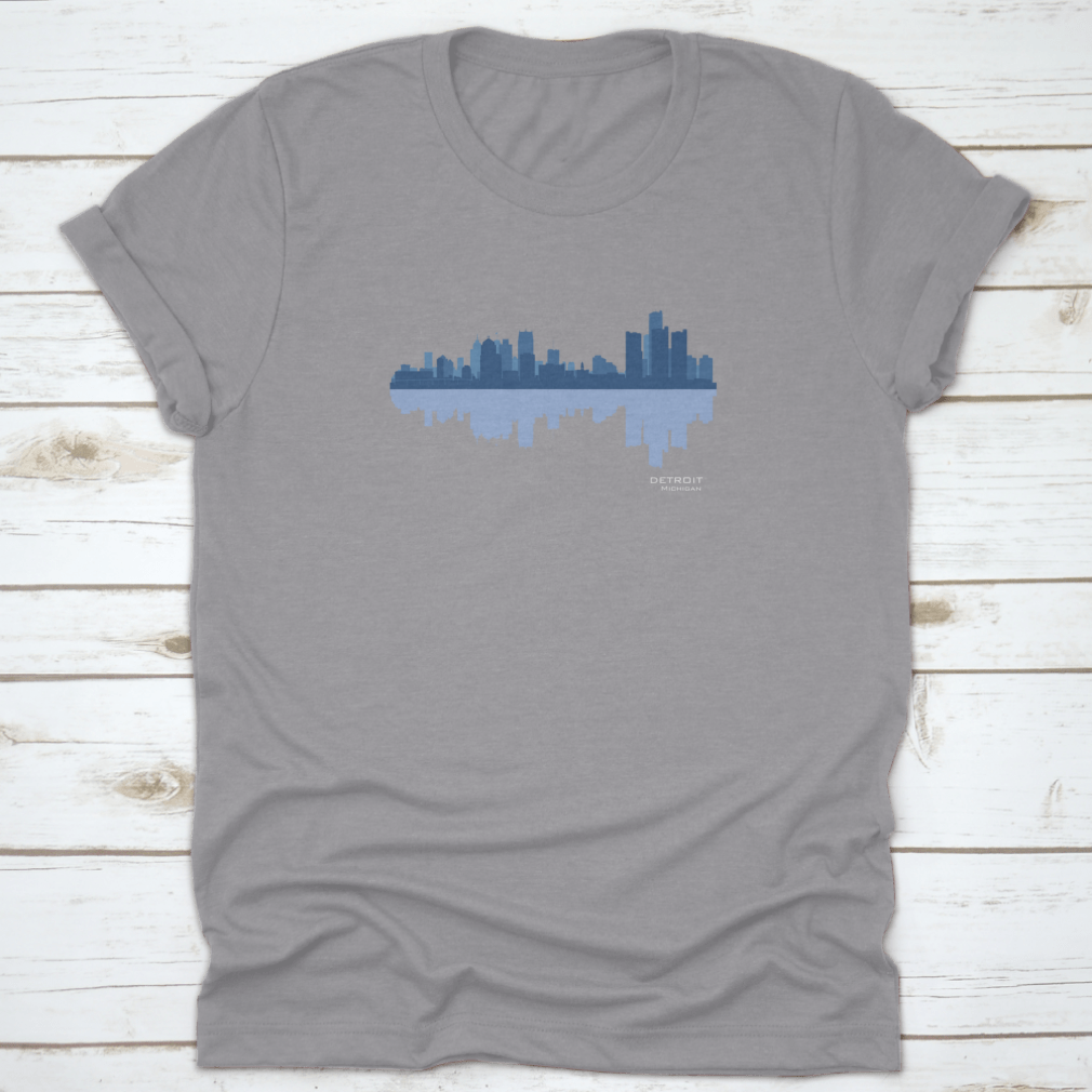 Detroit skyline reflection t-shirt design featuring a classic fit and high-quality cotton fabric.