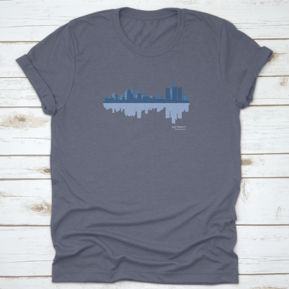 Detroit skyline reflection t-shirt design featuring a classic fit and high-quality cotton fabric.