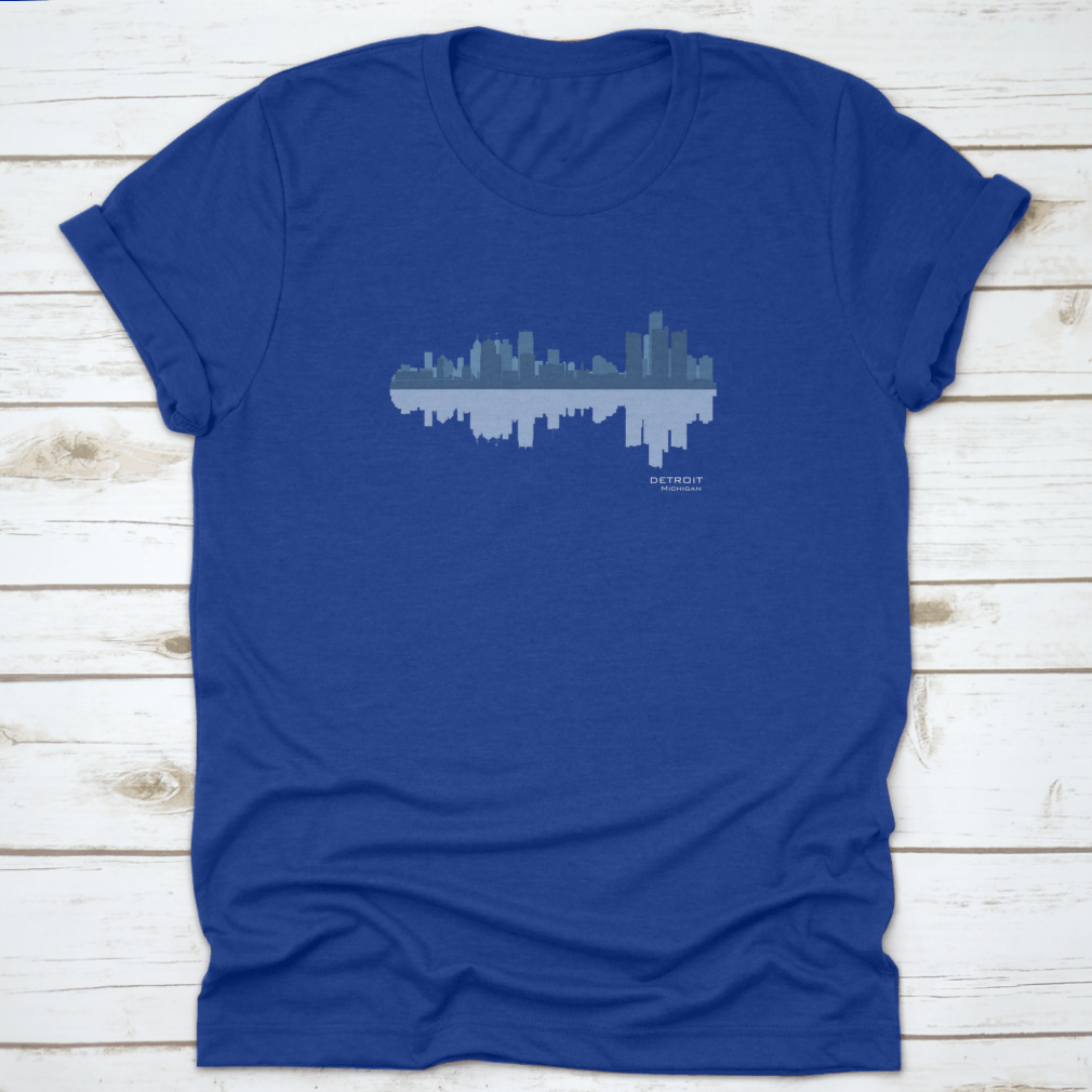 Detroit skyline reflection t-shirt design featuring a classic fit and high-quality cotton fabric.