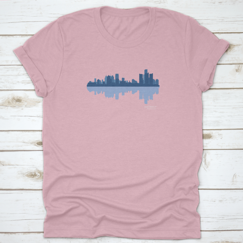 Detroit skyline reflection t-shirt design featuring a classic fit and high-quality cotton fabric.