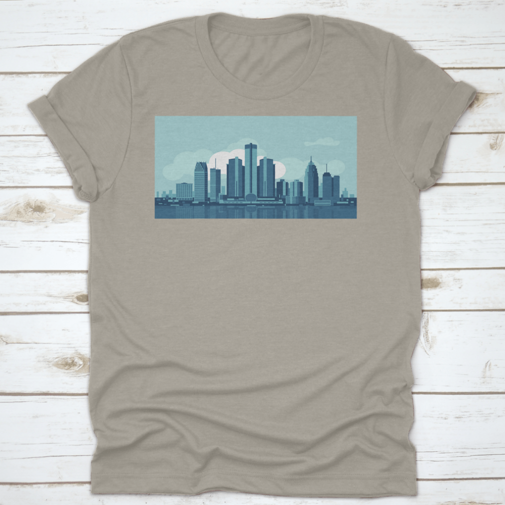 A stylish t-shirt featuring a vector illustration of the Detroit Michigan skyline, made from soft cotton fabric.