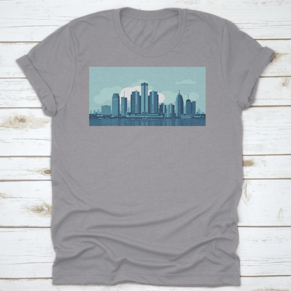 A stylish t-shirt featuring a vector illustration of the Detroit Michigan skyline, made from soft cotton fabric.