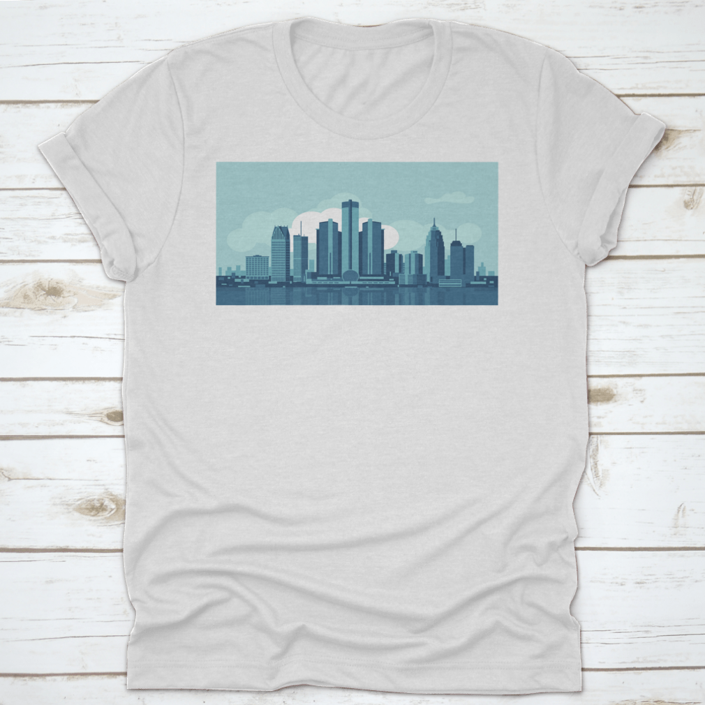 A stylish t-shirt featuring a vector illustration of the Detroit Michigan skyline, made from soft cotton fabric.