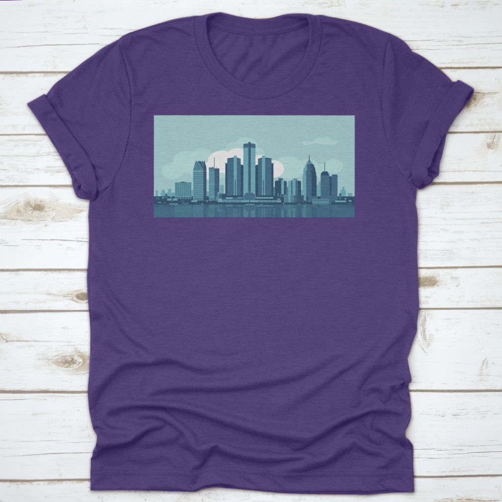 A stylish t-shirt featuring a vector illustration of the Detroit Michigan skyline, made from soft cotton fabric.