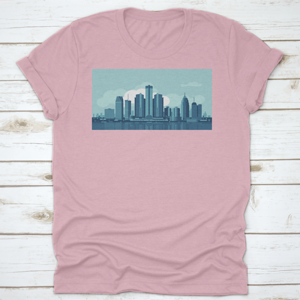 A stylish t-shirt featuring a vector illustration of the Detroit Michigan skyline, made from soft cotton fabric.