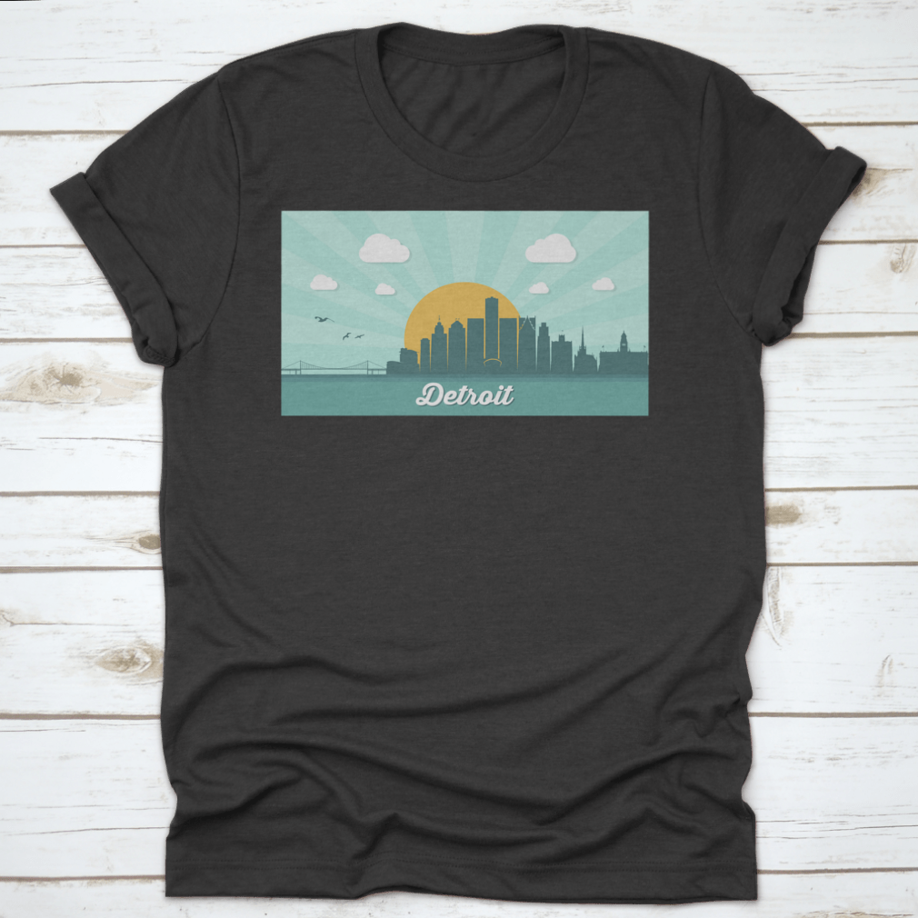 A stylish T-shirt featuring a vector illustration of the Detroit skyline, showcasing iconic buildings and landmarks.