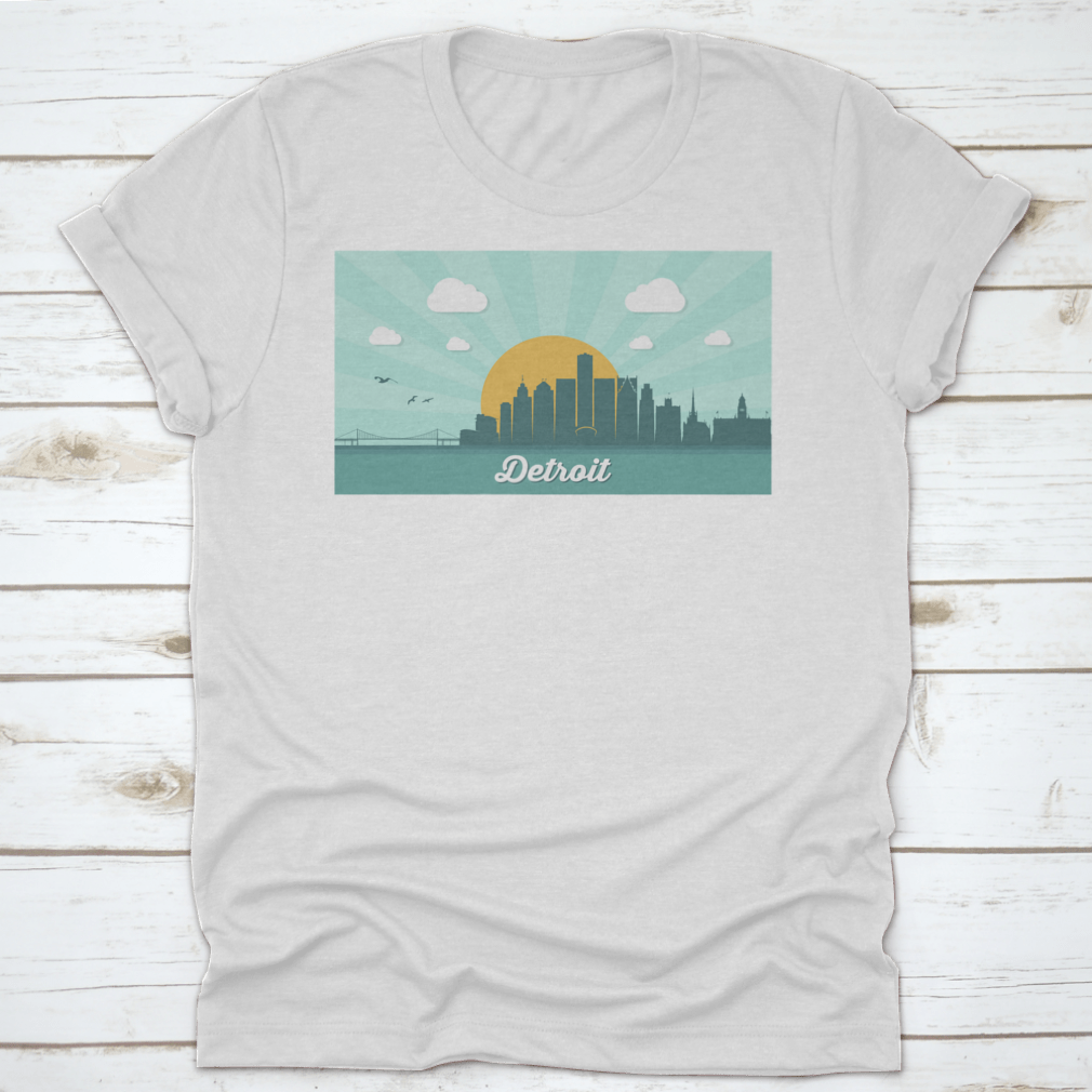 A stylish T-shirt featuring a vector illustration of the Detroit skyline, showcasing iconic buildings and landmarks.