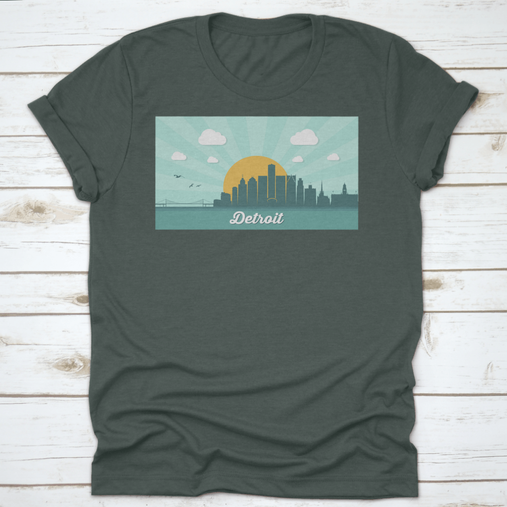 A stylish T-shirt featuring a vector illustration of the Detroit skyline, showcasing iconic buildings and landmarks.