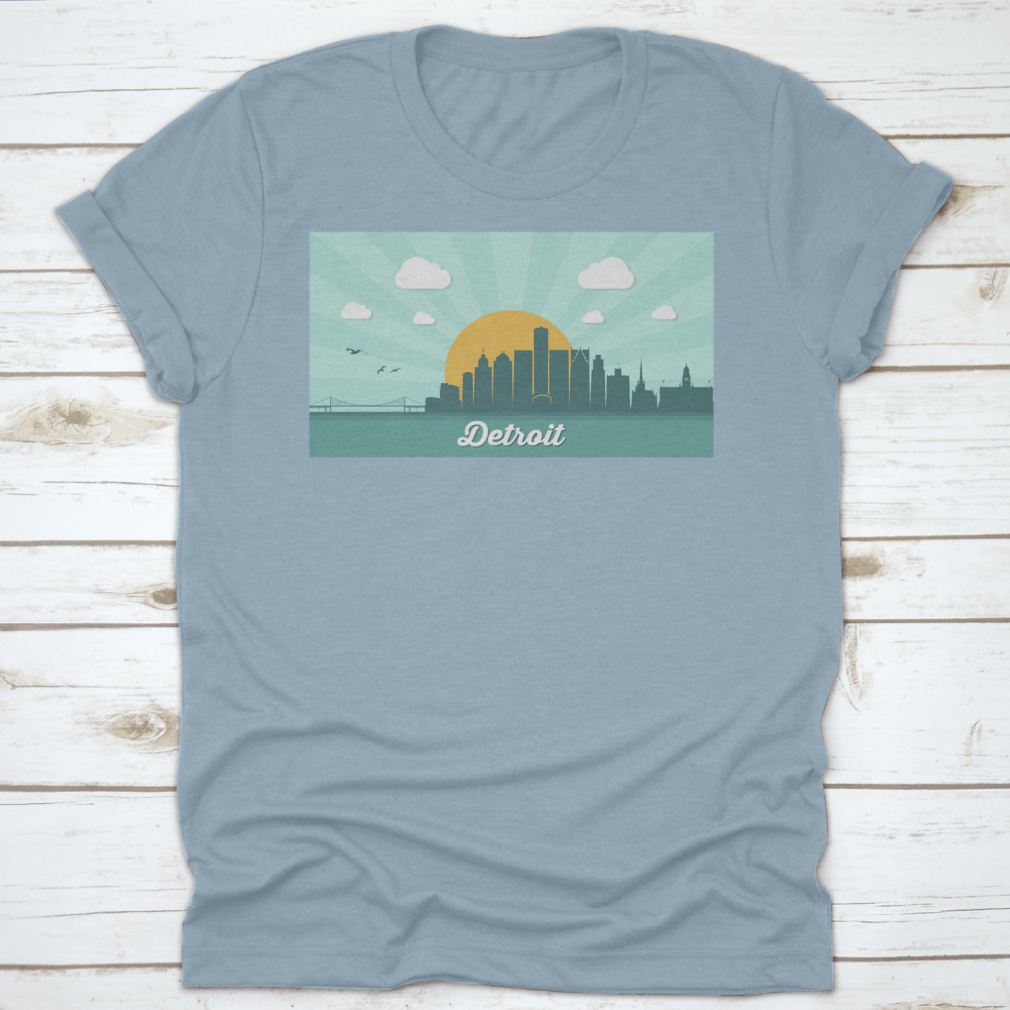 A stylish T-shirt featuring a vector illustration of the Detroit skyline, showcasing iconic buildings and landmarks.