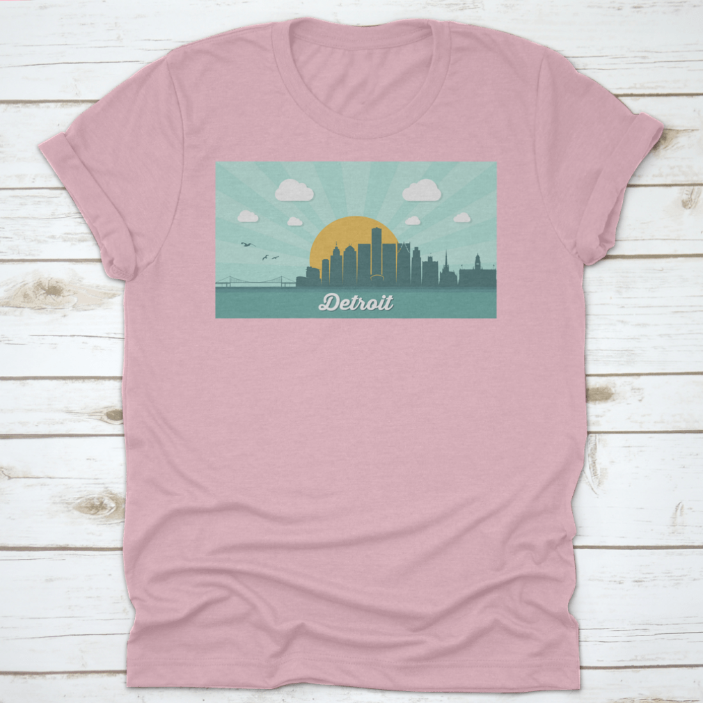 A stylish T-shirt featuring a vector illustration of the Detroit skyline, showcasing iconic buildings and landmarks.